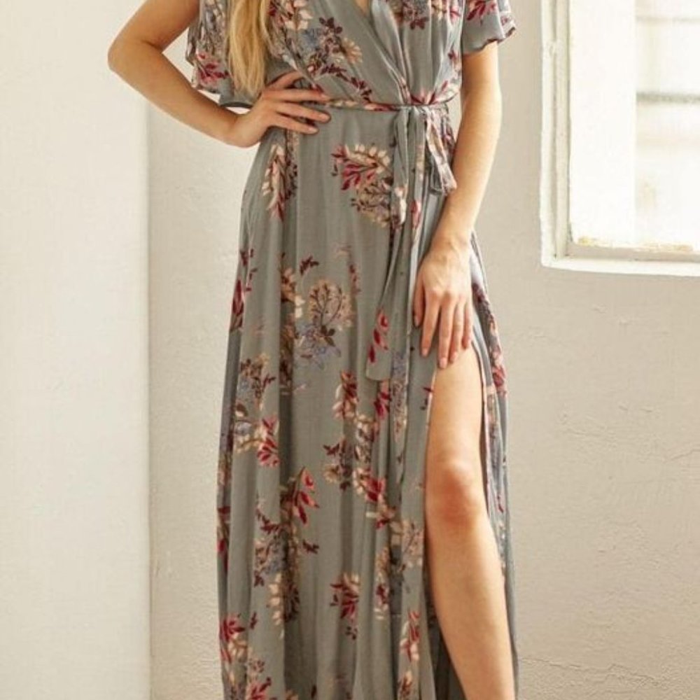 lalavon Maxi Dress with flutter sleeves, Sage green with floral print